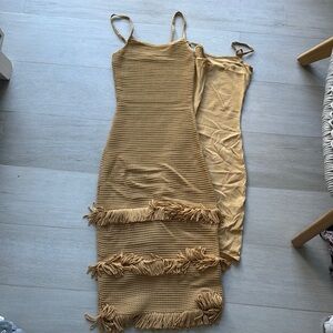 SANDRO Tan Embellished Ruffled Knee-Length Dress